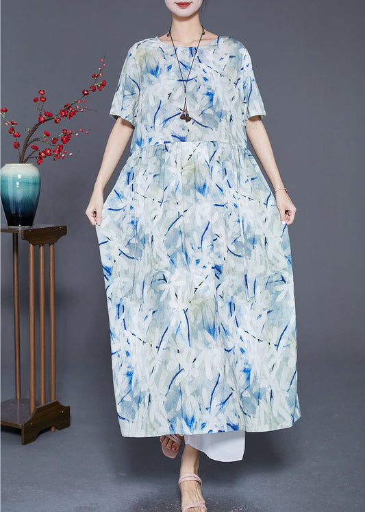 French Light Blue Oversized Print Linen Beach Dress Summer Ada Fashion