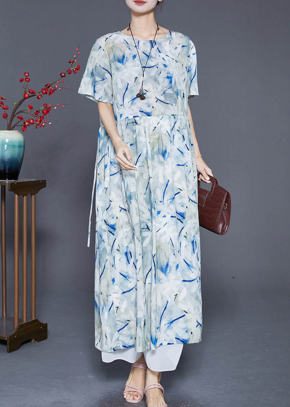 French Light Blue Oversized Print Linen Beach Dress Summer Ada Fashion