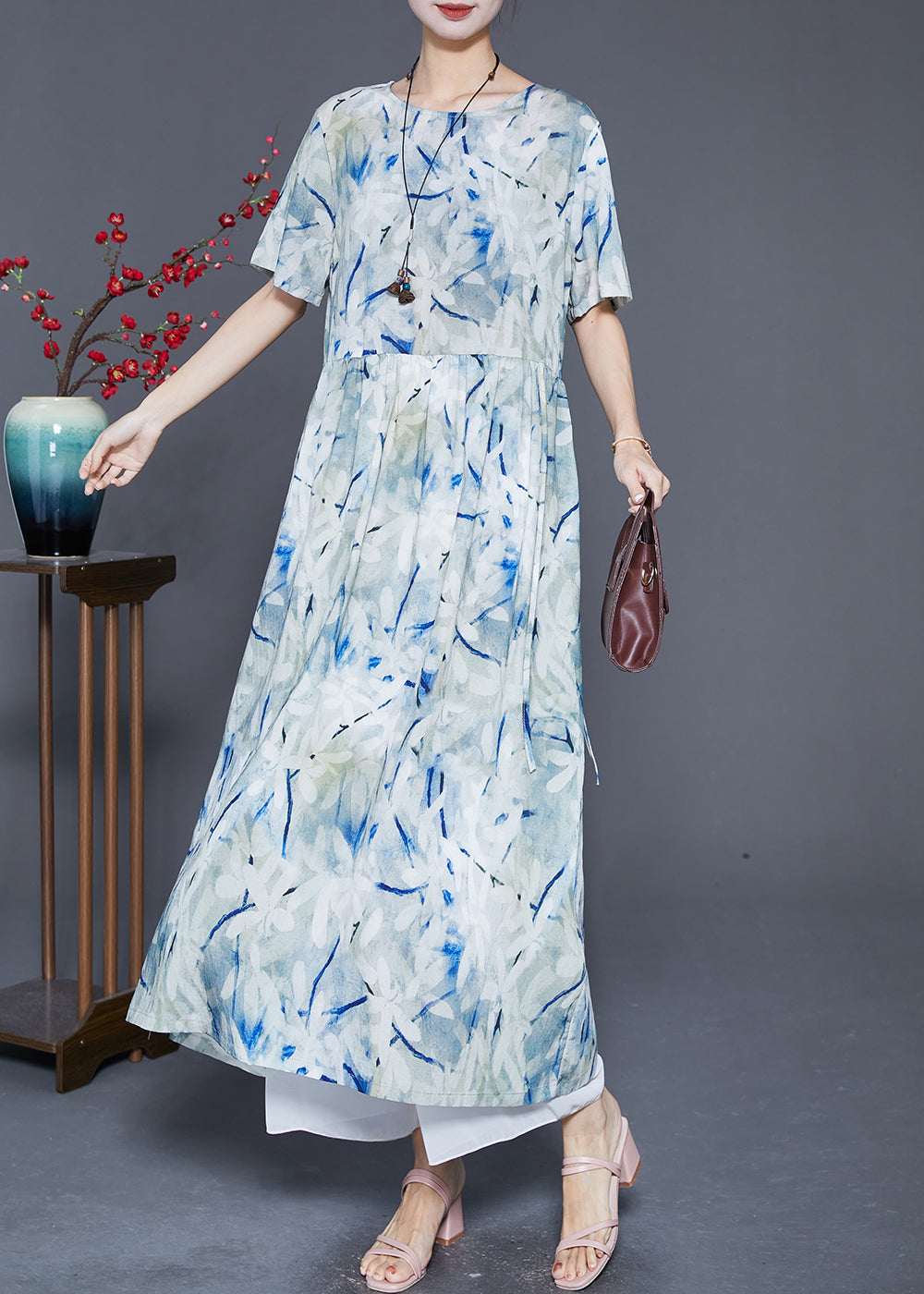 French Light Blue Oversized Print Linen Beach Dress Summer Ada Fashion