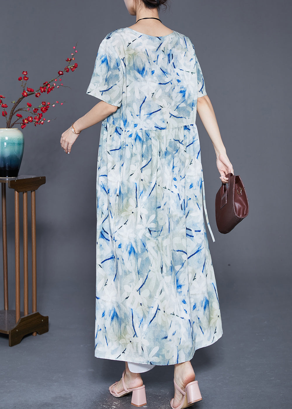 French Light Blue Oversized Print Linen Beach Dress Summer Ada Fashion