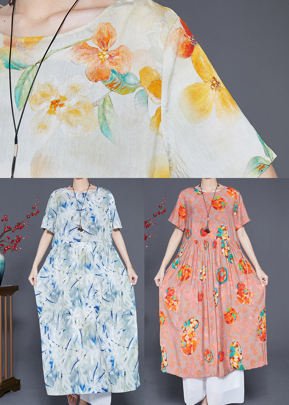 French Light Blue Oversized Print Linen Beach Dress Summer Ada Fashion