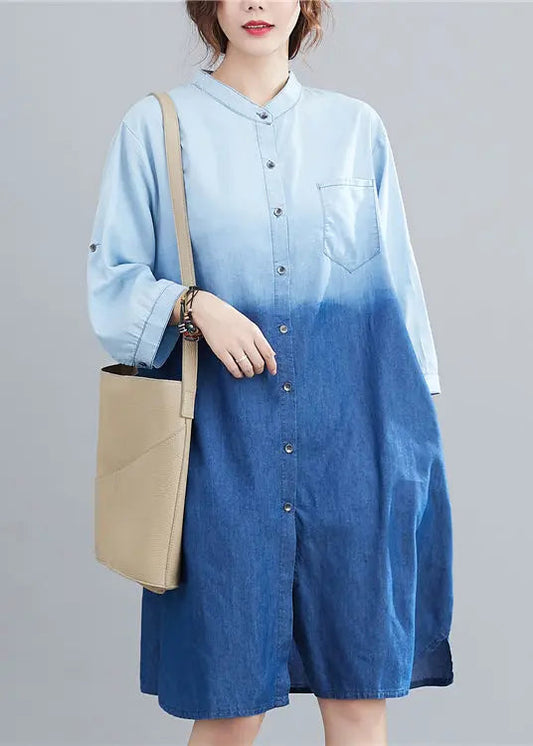 French Light Blue Stand Collar Gradient Color Denim Dress Fall Ada Fashion