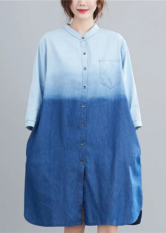 French Light Blue Stand Collar Gradient Color Denim Dress Fall Ada Fashion
