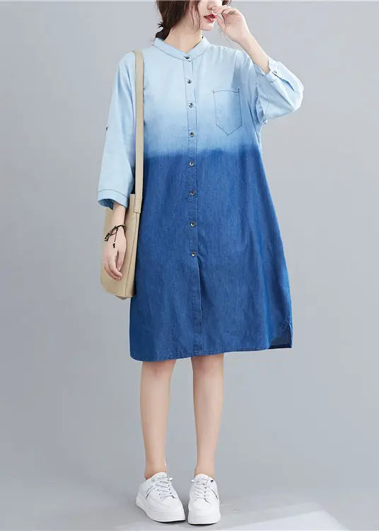 French Light Blue Stand Collar Gradient Color Denim Dress Fall Ada Fashion