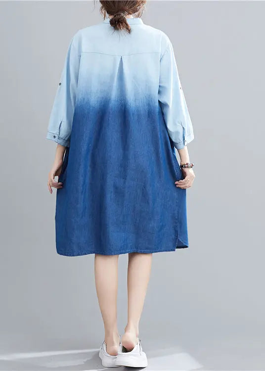 French Light Blue Stand Collar Gradient Color Denim Dress Fall Ada Fashion