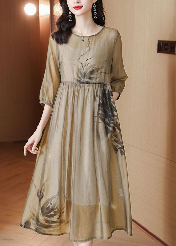 French Light Brown O Neck Print Wrinkled Patchwork Chiffon Dresses Summer LY4625 - fabuloryshop