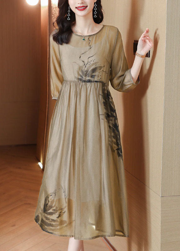 French Light Brown O Neck Print Wrinkled Patchwork Chiffon Dresses Summer LY4625 - fabuloryshop