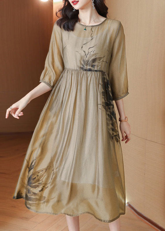 French Light Brown O Neck Print Wrinkled Patchwork Chiffon Dresses Summer LY4625 - fabuloryshop