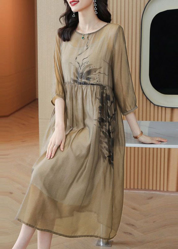 French Light Brown O Neck Print Wrinkled Patchwork Chiffon Dresses Summer LY4625 - fabuloryshop