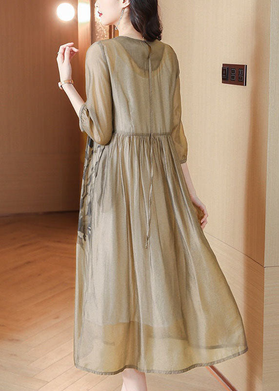 French Light Brown O Neck Print Wrinkled Patchwork Chiffon Dresses Summer LY4625 - fabuloryshop