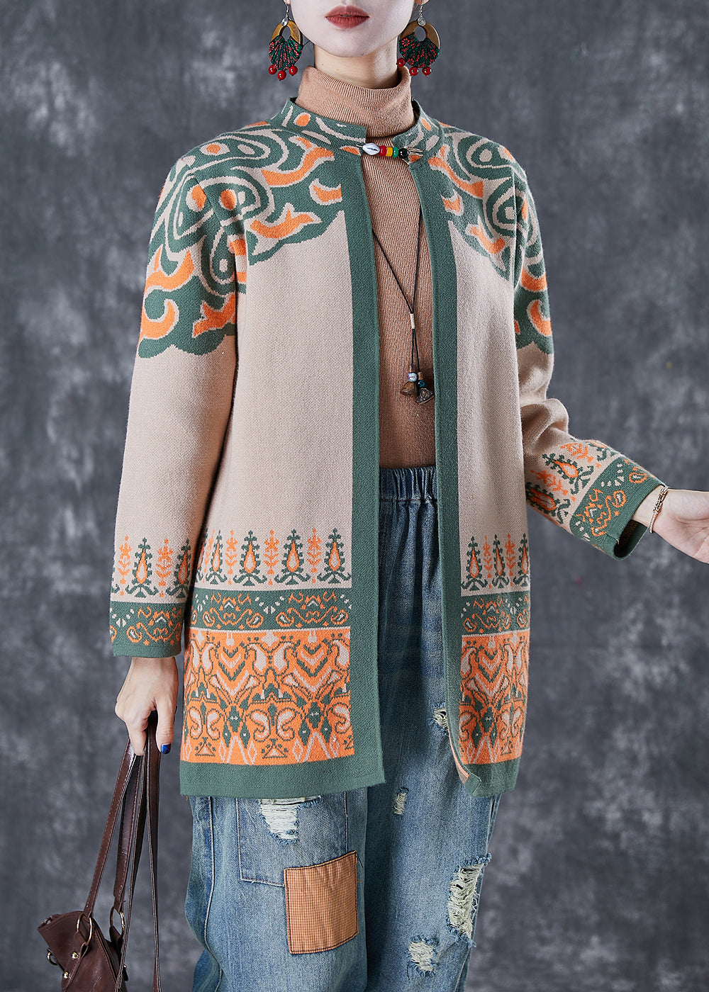 French Light Camel Oversized Print Cotton Cardigan Fall Ada Fashion