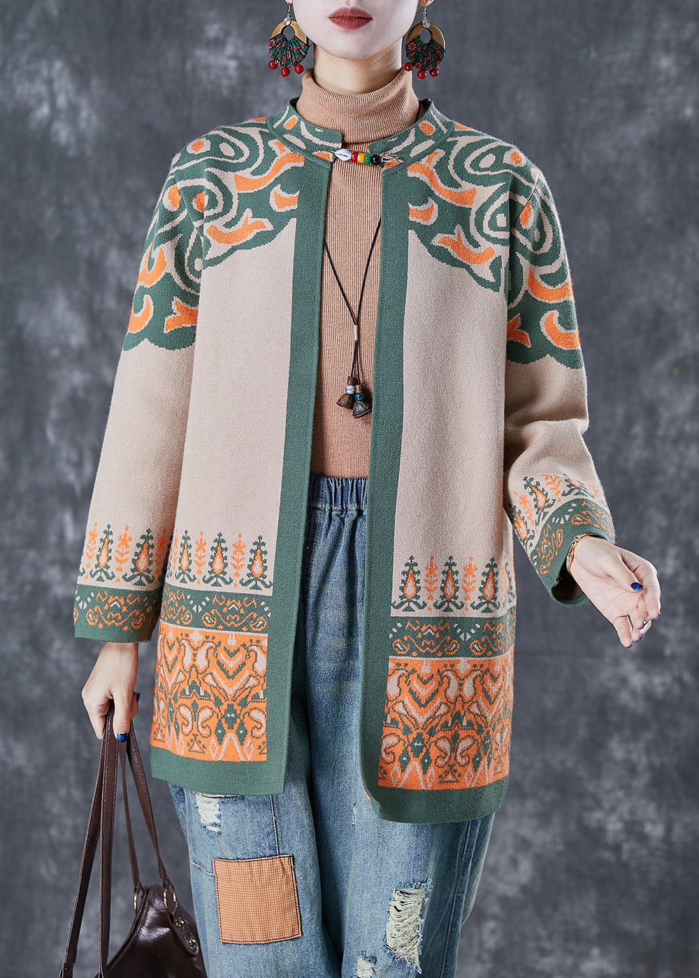 French Light Camel Oversized Print Cotton Cardigan Fall Ada Fashion