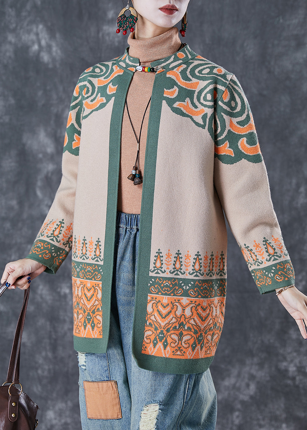 French Light Camel Oversized Print Cotton Cardigan Fall Ada Fashion