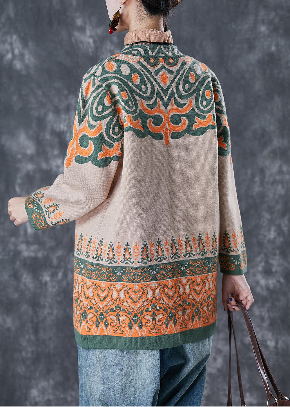 French Light Camel Oversized Print Cotton Cardigan Fall Ada Fashion