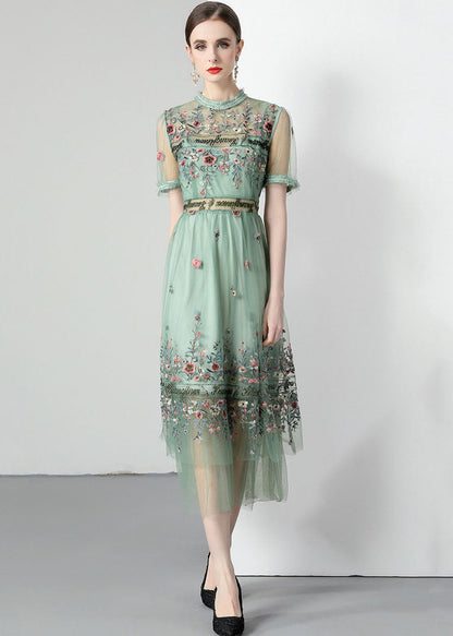 French Light Green Ruffled Embroideried Wrinkled Tulle Dress Summer LY7386 - fabuloryshop