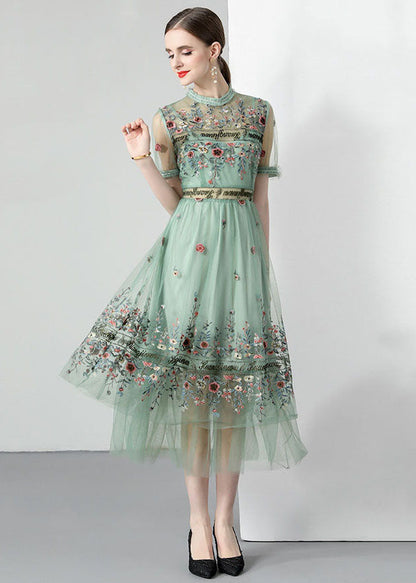 French Light Green Ruffled Embroideried Wrinkled Tulle Dress Summer LY7386 - fabuloryshop