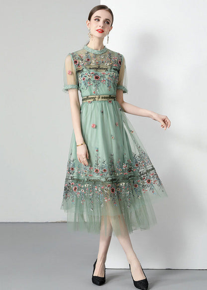 French Light Green Ruffled Embroideried Wrinkled Tulle Dress Summer LY7386 - fabuloryshop