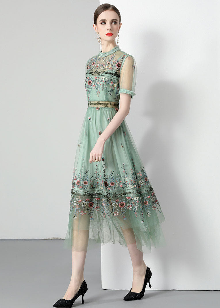 French Light Green Ruffled Embroideried Wrinkled Tulle Dress Summer LY7386 - fabuloryshop