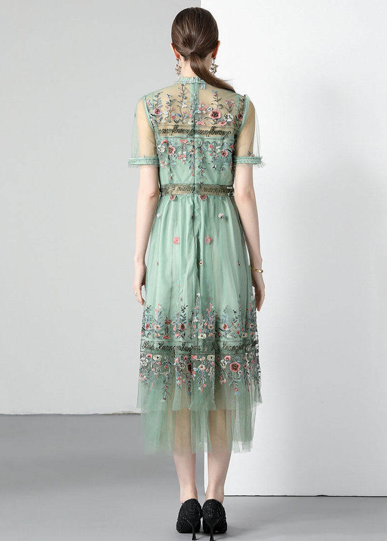 French Light Green Ruffled Embroideried Wrinkled Tulle Dress Summer LY7386 - fabuloryshop