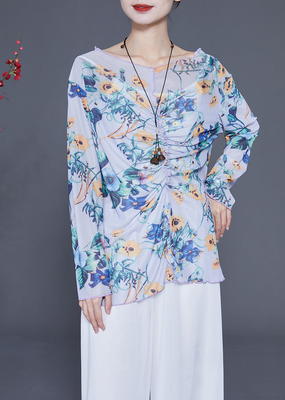 French Light Purple Cinched Print Chiffon UPF 50+ Tops Summer LY2347 - fabuloryshop