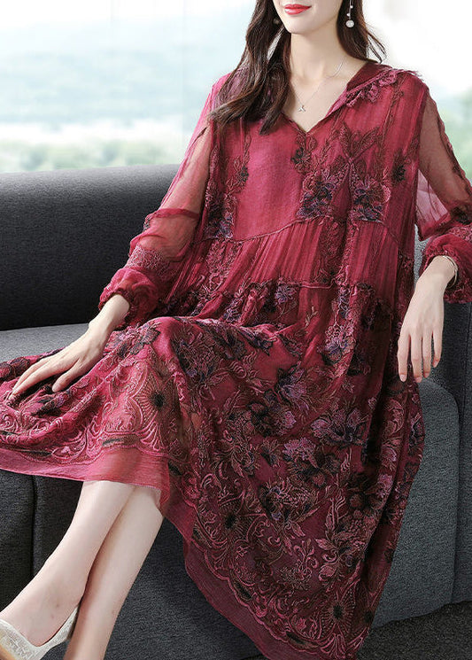 French Mulberry Hooded Embroideried Patchwork Silk Long Dresses Spring LY0963 - fabuloryshop