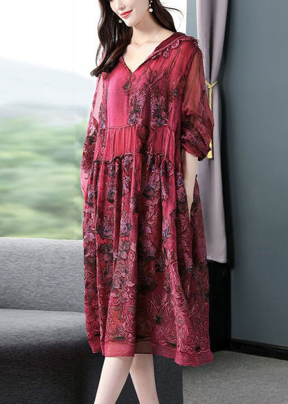 French Mulberry Hooded Embroideried Patchwork Silk Long Dresses Spring LY0963 - fabuloryshop