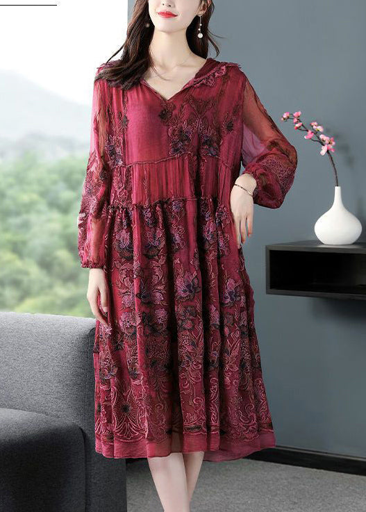 French Mulberry Hooded Embroideried Patchwork Silk Long Dresses Spring LY0963 - fabuloryshop