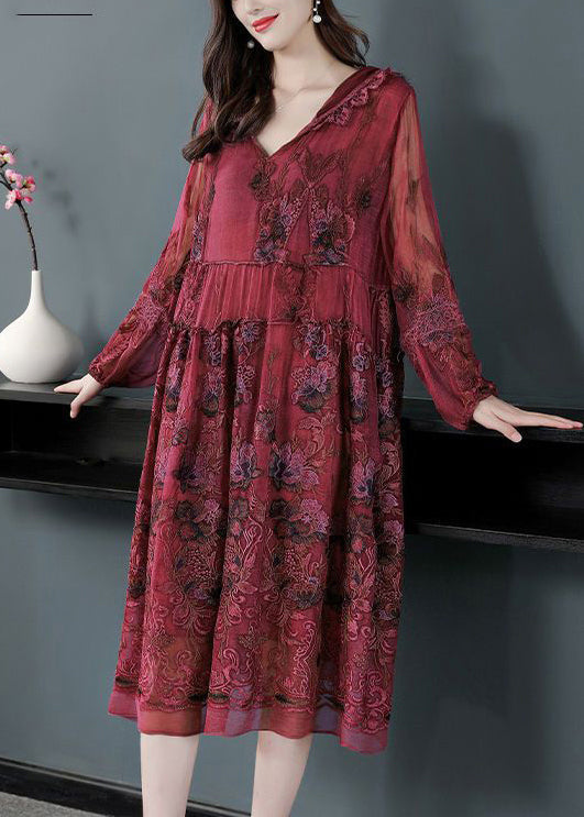 French Mulberry Hooded Embroideried Patchwork Silk Long Dresses Spring LY0963 - fabuloryshop