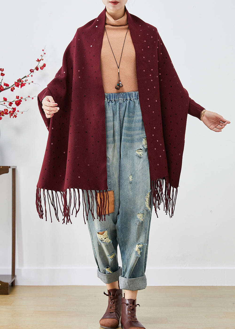 French Mulberry Tasseled Sequins Cashmere Cardigans Fall Ada Fashion