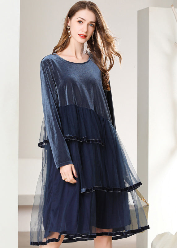 French Navy Asymmetrical Tulle Patchwork Silk Velour Dresses Spring LY0263 - fabuloryshop