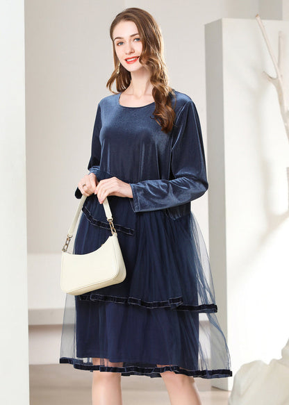 French Navy Asymmetrical Tulle Patchwork Silk Velour Dresses Spring LY0263 - fabuloryshop