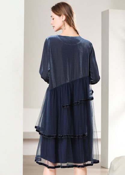 French Navy Asymmetrical Tulle Patchwork Silk Velour Dresses Spring LY0263 - fabuloryshop