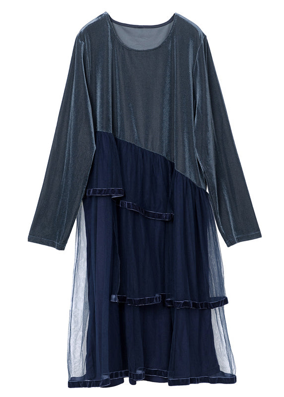 French Navy Asymmetrical Tulle Patchwork Silk Velour Dresses Spring LY0263 - fabuloryshop