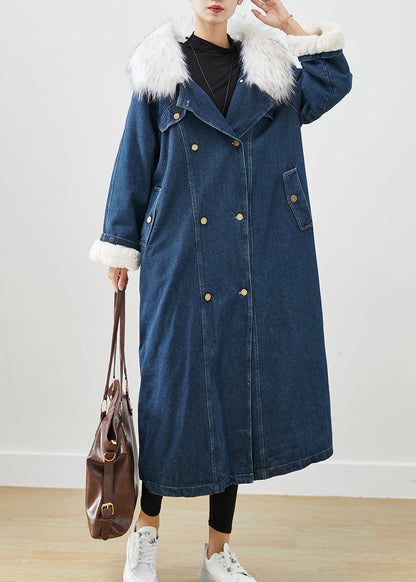 French Navy Fur Collar Thick Warm Fleece Denim Coats Fall Ada Fashion