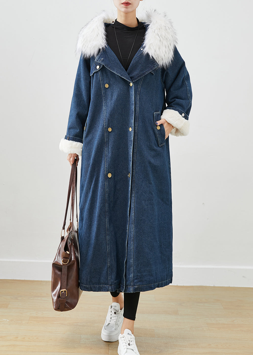 French Navy Fur Collar Thick Warm Fleece Denim Coats Fall Ada Fashion