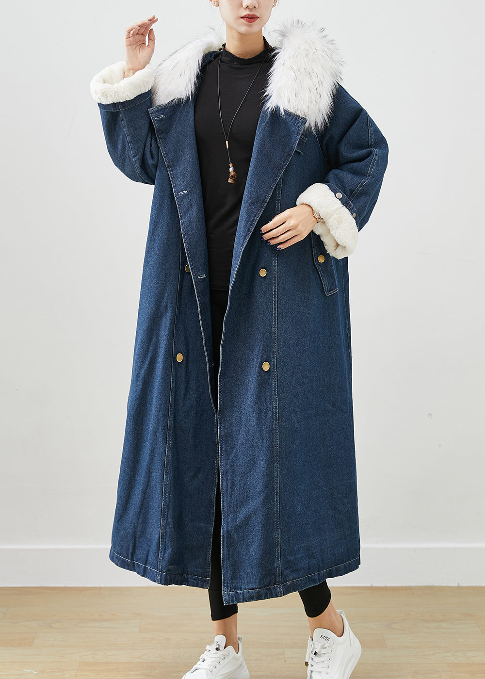 French Navy Fur Collar Thick Warm Fleece Denim Coats Fall Ada Fashion