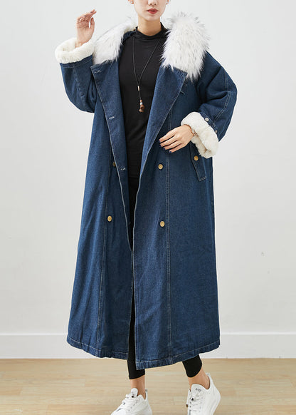 French Navy Fur Collar Thick Warm Fleece Denim Coats Fall Ada Fashion