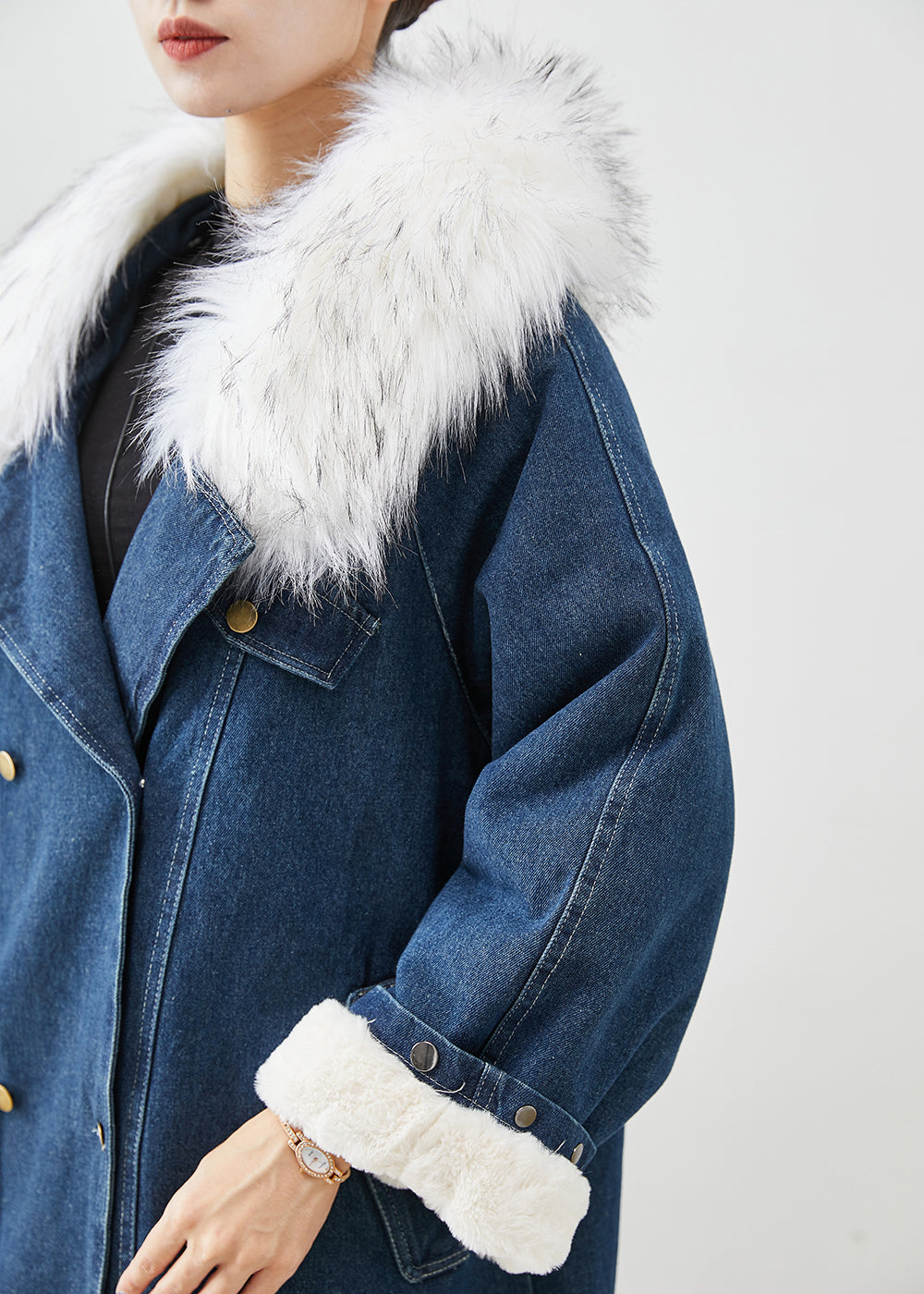 French Navy Fur Collar Thick Warm Fleece Denim Coats Fall Ada Fashion