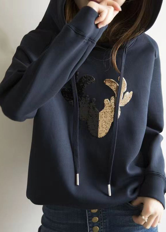 French Navy Hooded Sequins Patchwork Cotton Sweatshirt Fall Ada Fashion