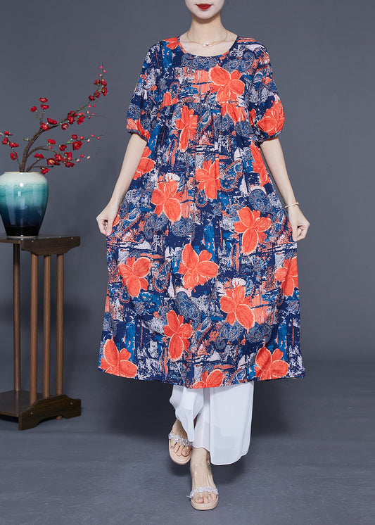 French Navy O-Neck Floral Print Silk Maxi Dress Summer LY1076 - fabuloryshop