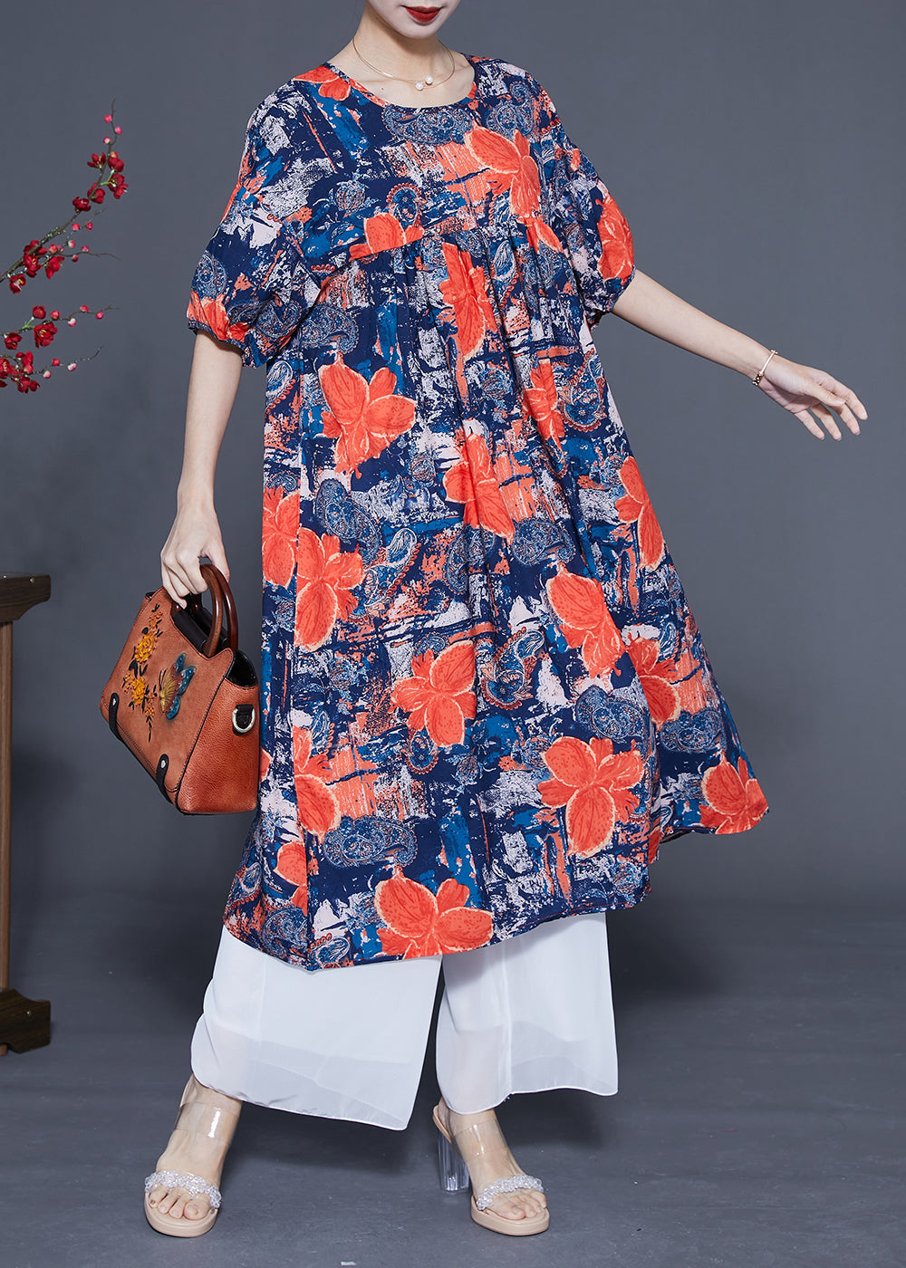 French Navy O-Neck Floral Print Silk Maxi Dress Summer LY1076 - fabuloryshop