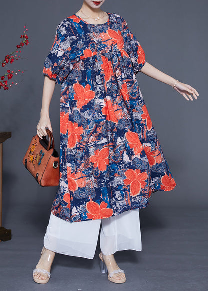 French Navy O-Neck Floral Print Silk Maxi Dress Summer LC0420 - fabuloryshop