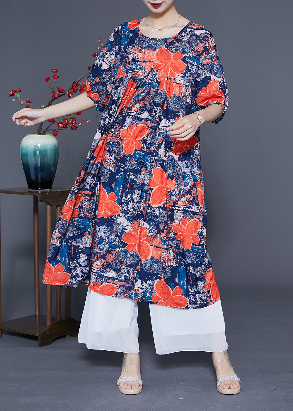 French Navy O-Neck Floral Print Silk Maxi Dress Summer LC0420 - fabuloryshop