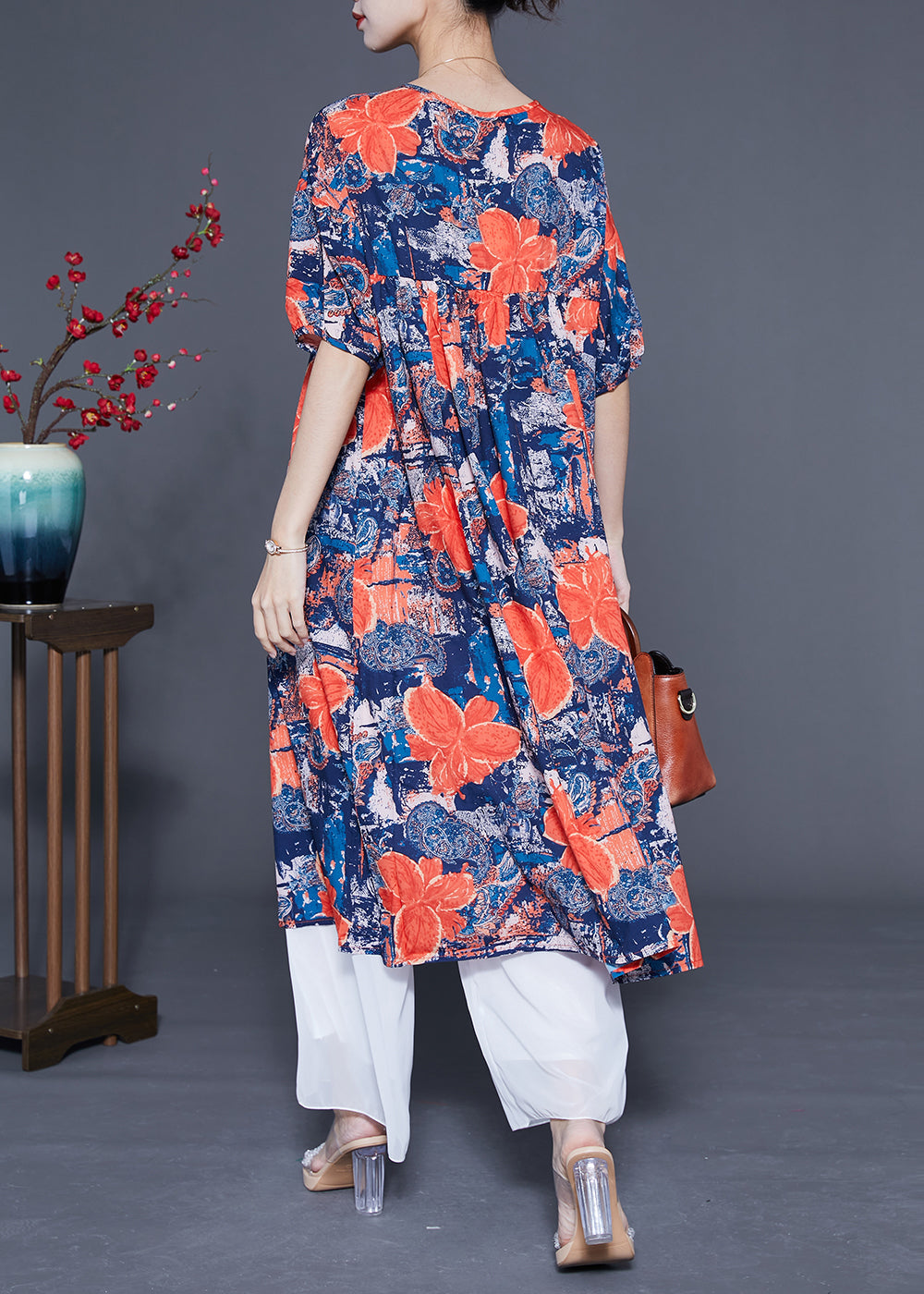 French Navy O-Neck Floral Print Silk Maxi Dress Summer LY1076 - fabuloryshop