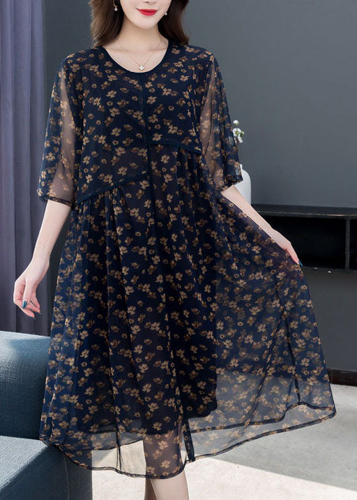 French Navy O Neck Print Patchwork Chiffon Dresses Summer LY6506 - fabuloryshop