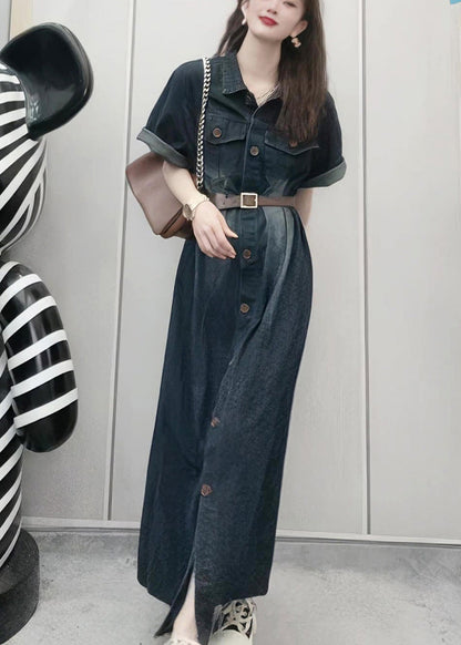 French Navy Peter Pan Collar Patchwork Button Denim Maxi Dress Summer LY5238 - fabuloryshop