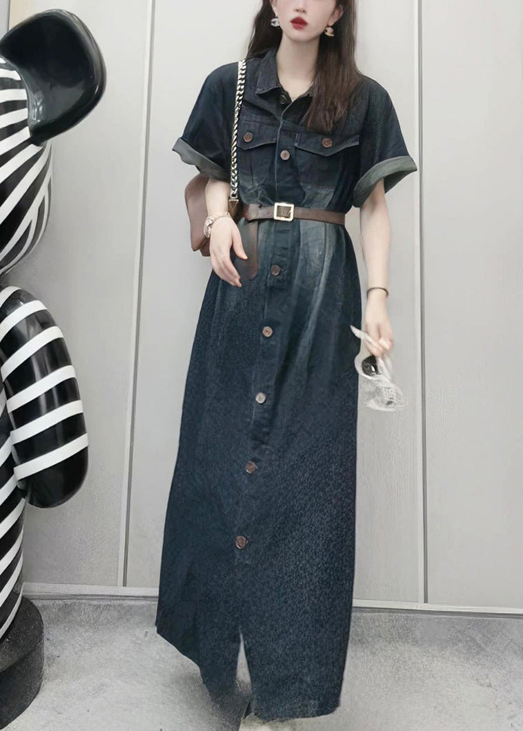 French Navy Peter Pan Collar Patchwork Button Denim Maxi Dress Summer LY5238 - fabuloryshop