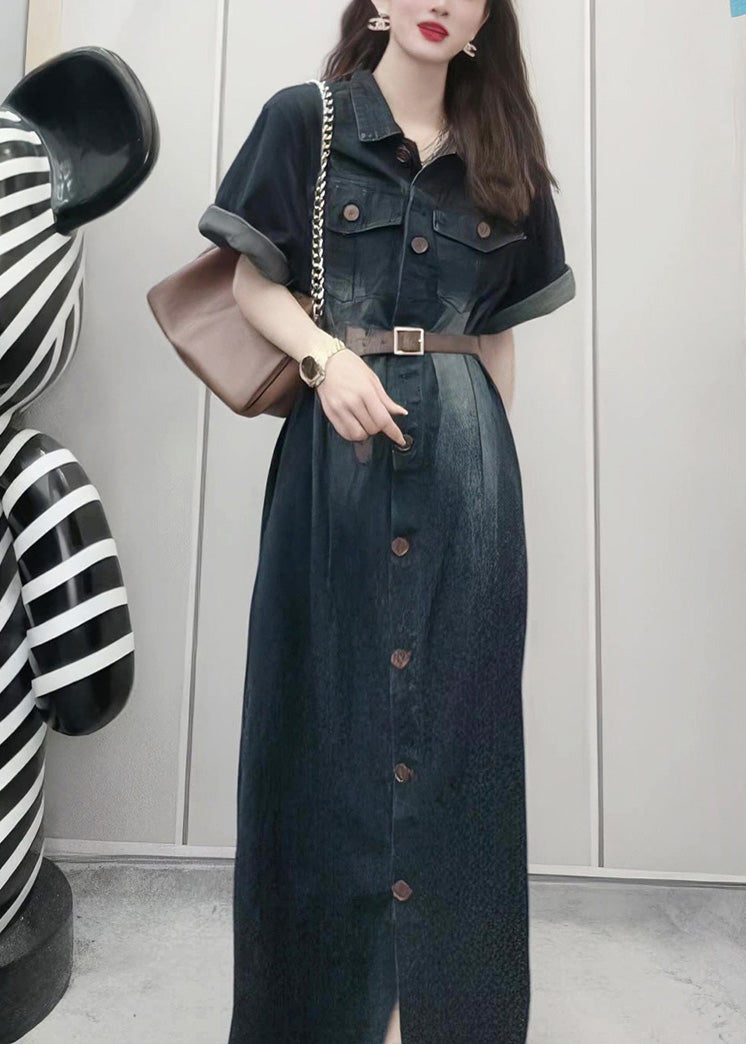 French Navy Peter Pan Collar Patchwork Button Denim Maxi Dress Summer LY5238 - fabuloryshop