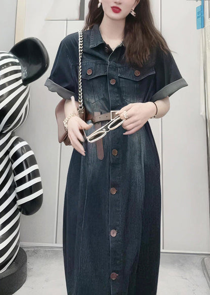 French Navy Peter Pan Collar Patchwork Button Denim Maxi Dress Summer LY5238 - fabuloryshop