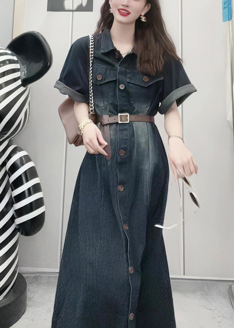 French Navy Peter Pan Collar Patchwork Button Denim Maxi Dress Summer LY5238 - fabuloryshop